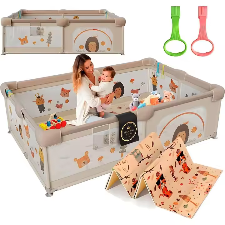 DeFieltro Parque Infantil Bebe del BOSQUE 120x120 - Corralito Bebe con Malla de Animales Transpirable - Corral Plegable Baby ANTIDESLIZANTE Alfombra Acolchada + 2 Anillas (Bosque) - 1
