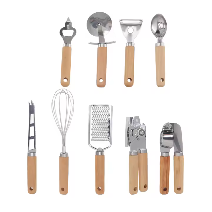 Juego de Utensilios de Cocina de Acero Inoxidable Resistente al Desgaste 9pcs con Mango de Madera - 1