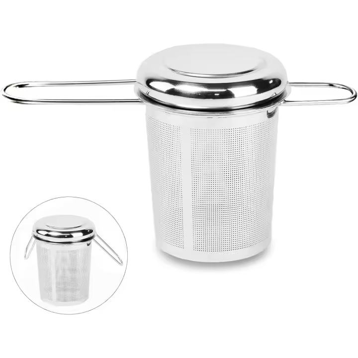 Tetera, filtro fino de acero inoxidable para infusiones, con asa plegable y tapa (1 pieza, plateada) - 1
