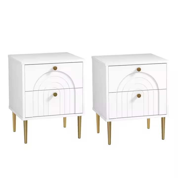 HOMCOM Pack de 2 Mesitas de Noche Mesillas de Noche Dormitorio con 2 Cajones y Patas de Acero Estilo Moderno 40x35x50 cm Blanco - 1