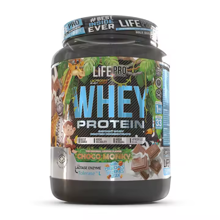 LIFE PRO NUTRITION WHEY CHOCO MONKY 1KG LIMITED EDITION - Concentrado de Proteina - Con Enzimas Digestivas - Sabor exclusivo - 1