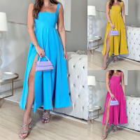 BAMBOOBOY Vestido Largo De Verano Para Mujer Con Tirantes Estilo Casual Cuello En V A-Line Pierna Slit Alta Manga Sin Manga Polyester Spandex - details 0