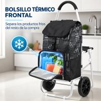 Carro de la Compra Plegable de 2 Ruedas con Capacidad de 40 L o 42 L, Bolsillo Térmico Frontal y Bolsa Amplia, Carrito Ligero para Supermercado, Mercado y Compras Diarias, con Asa Cómoda, Soporte Estable y Disponible en Negro, Azul Marino, Azul y Gris - details 1