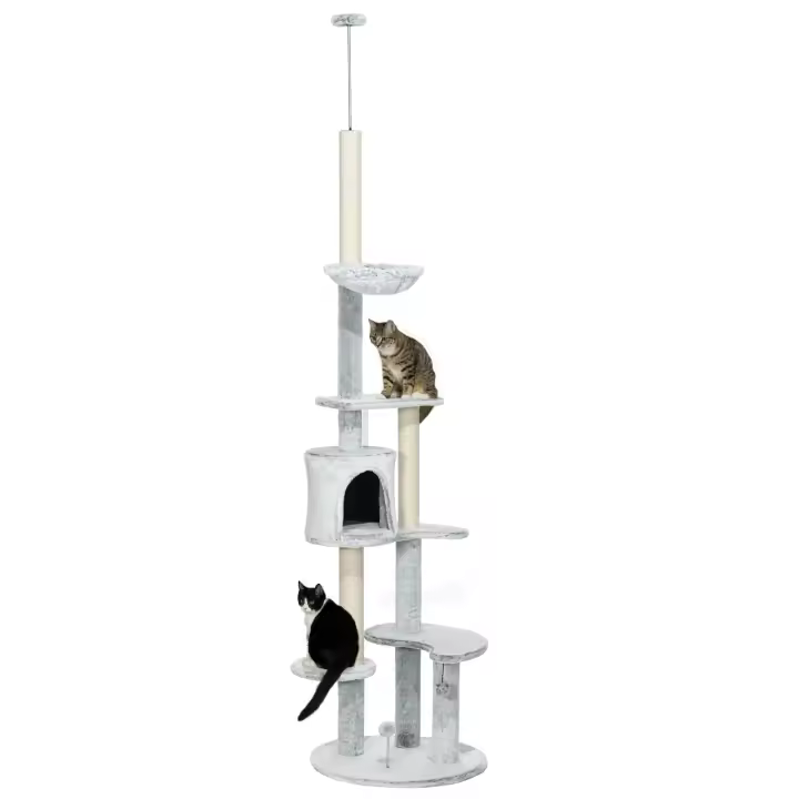 PawHut Árbol para Gatos de Suelo a Techo de 225-255 cm Torre para Gatos Ajustable en Altura con Cueva Plataformas Hamaca Postes Rascadores y Bolas Colgantes Ø60x225-255 cm Gris - 1