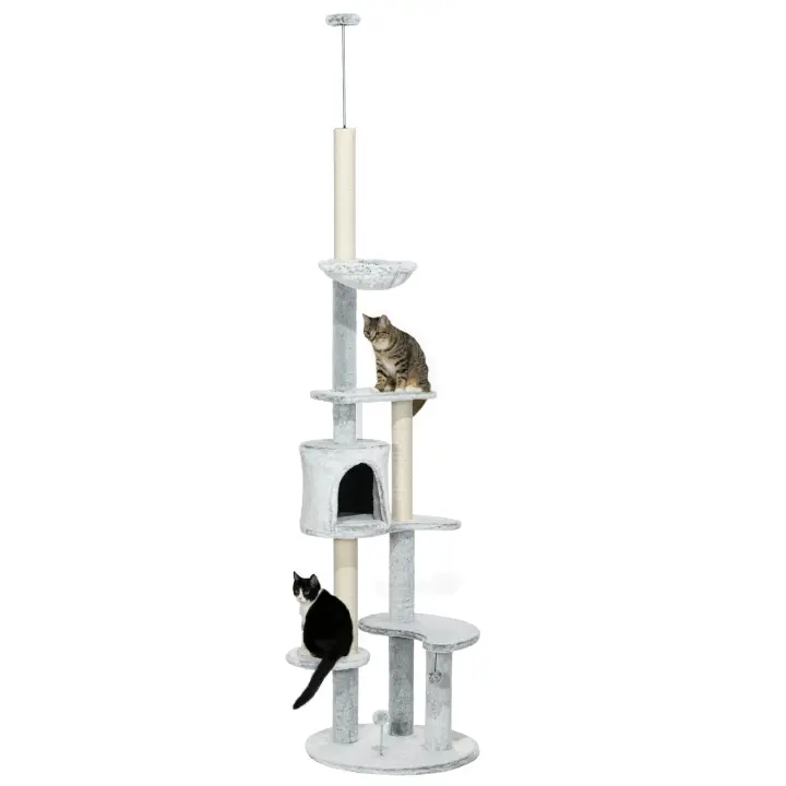 PawHut Árbol para Gatos de Suelo a Techo de 225-255 cm Torre para Gatos Ajustable en Altura con Cueva Plataformas Hamaca Postes Rascadores y Bolas Colgantes Ø60x225-255 cm Gris - 1