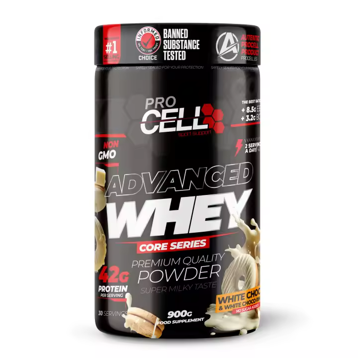 Proteina Concentrada Whey Core 900gr White Choco & White Choco Rings (topping rosquilla blanca) Procell  Sport - Suplemento Alto en Proteína y Bajo en Carbohidratos - 1