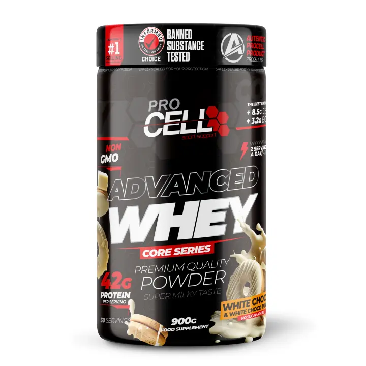 Proteina Concentrada Whey Core 900gr White Choco & White Choco Rings (topping rosquilla blanca) Procell  Sport - Suplemento Alto en Proteína y Bajo en Carbohidratos - 1