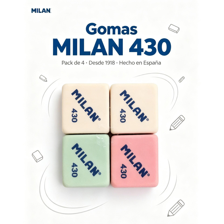 Milan 430 pack of 4 erasers – assorted colors – eraser for pencil and graphite – made in spain