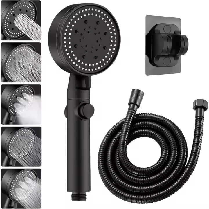 Cabezal de ducha de alta presión, cabezal de ducha desmontable de 5 modos, cabezal de ducha con manguera de 1,5 m y soporte (negro) 1 pieza - 1