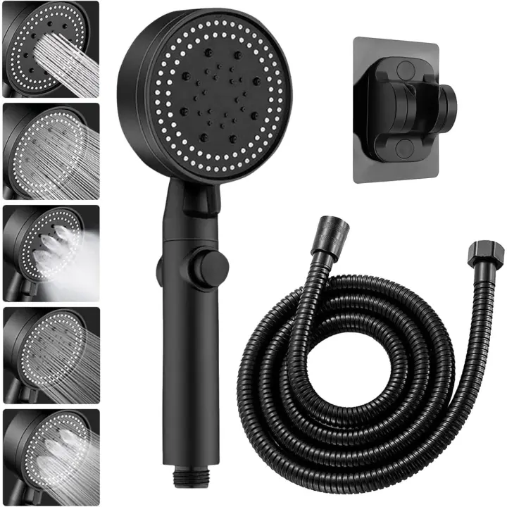 Cabezal de ducha de alta presión, cabezal de ducha desmontable de 5 modos, cabezal de ducha con manguera de 1,5 m y soporte (negro) 1 pieza - 1