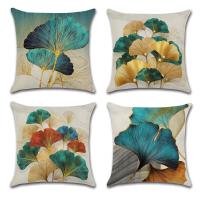 Decorativos Lino Fundas de Cojines 45x45 Sofa Set de 4 Verde Azulado Moderno y Hojas Doradas Funda de Almohada Decoración Ginkgo Fundas Cojines Cuadrados Exterior Jardin - details 0