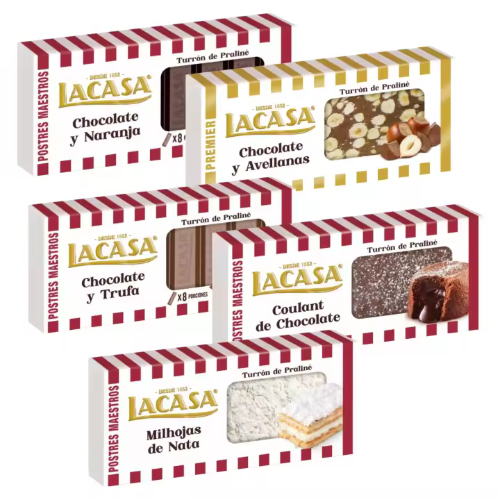 Turrones Lacasa: 5 tabletas de Turron variadas: Chocolate y avellana, Chocolate y trufa, Chocolate y naranja, Coulant de chocolate y Milhojas - 1