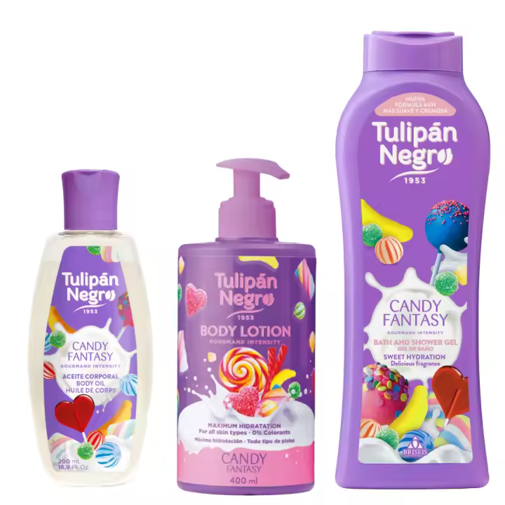 Candy Black Tulip pack aceite corporal, loción corporal y gel de ducha 650 ml hidratación intensa, suavidad y aroma dulce y delicioso para tu cuidado diario. cuida tu piel con tulipán negro, los mejores productos para tu piel y cuerpo para el baño. - 1