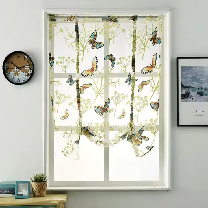 1 pieza de cortinas romanas con estampado de mariposas, cortinas de gasa con volantes, cortinas transparentes para balcón, cocina, sala de estar, dormitorio, verde, 120 cm x 140 cm - 1