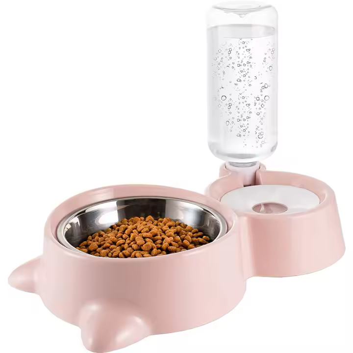 Cuenco doble para perros y gatos, juego de cuencos para agua y comida con cuenco extraíble de acero inoxidable, botella para beber automática, comedero para perros y gatos pequeños y medianos - 1