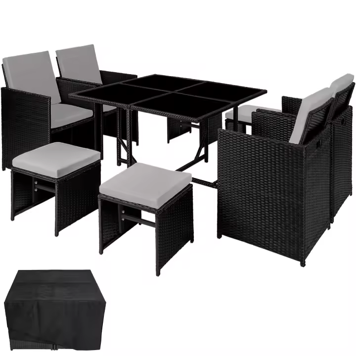 Tectake - Conjunto de ratán BILBAO 4+4+1 funda protectora  Fácil de limpiar  Mesa con 4 tableros de cristal  4 sillones con cojines para el asiento y el respaldo  4 taburetes con cojines  Todas las fundas son extraíbles e impermeables - 1