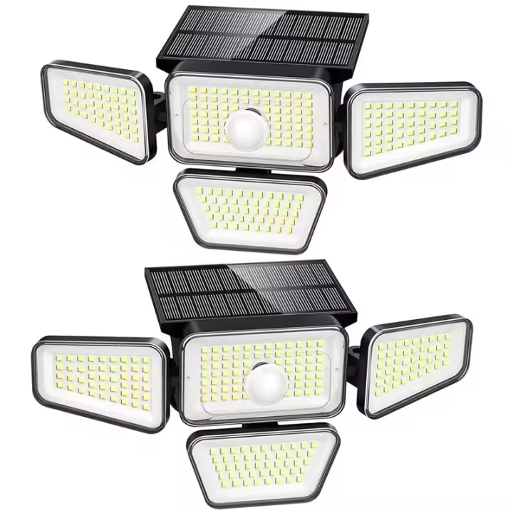 Luces solares para exteriores, 270 LED, 3000 lm, sensor de movimiento, impermeable IP65, 4 cabezales, 3 modos de ángulo, 6500 K (paquete de 2) - 1