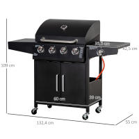 Barbacoa de gas con 3 quemadores, 3 kW Cadda one, Carro de barbacoa Móvil, Red de Parrilla, Mesa lateral, 132,4 cm x 55 cm x 109 cm - details 5