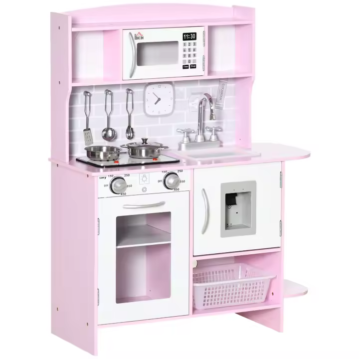 HOMCOM Cocina de Juguete de Madera para Niños de +3 Años Cocinita de Juguete con Luz Sonidos Fregadero Grifo con Agua Placa de Cocina Dispensador de Agua y Horno 70x29x90 cm Rosa - 1