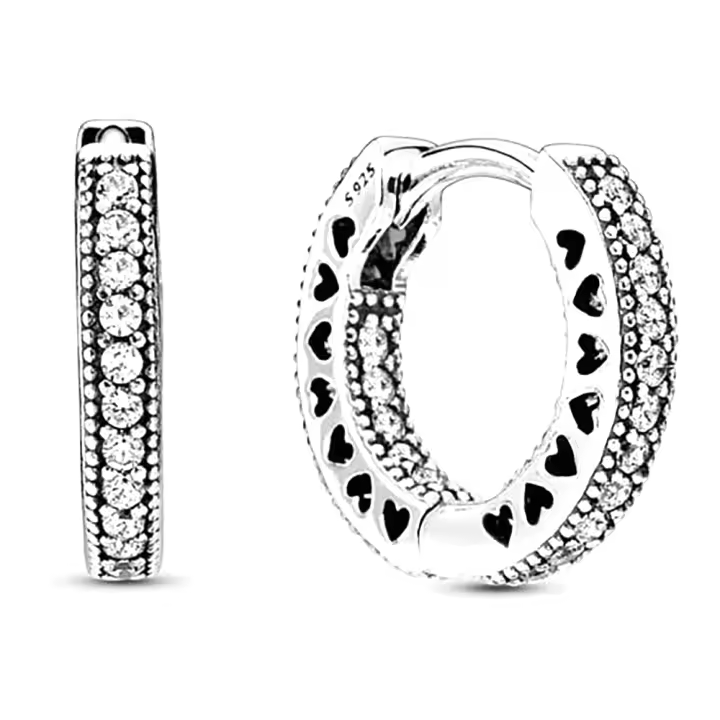 Pandora Pendientes de Aro en Plata de Ley Pendientes de aro con corazón pavé，Incluye Caja Original - 1