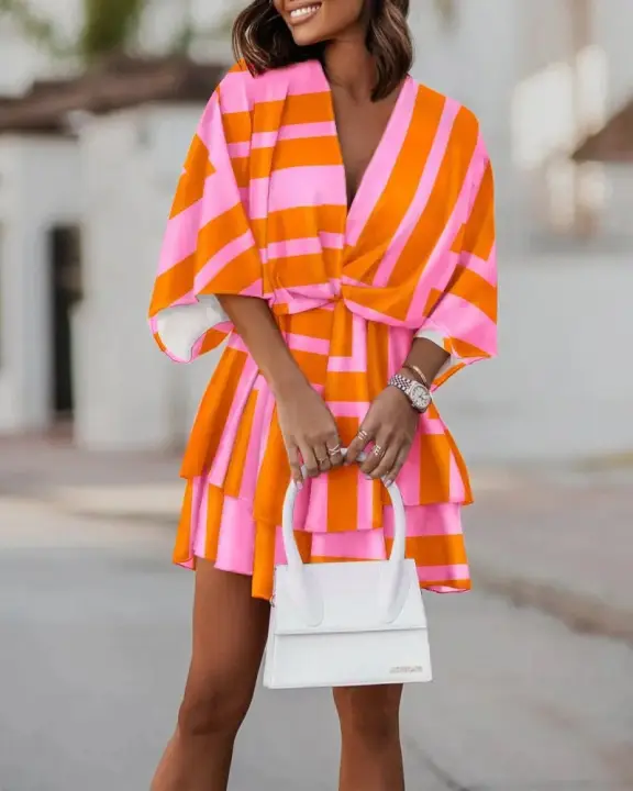 Vestido Impreso De Mujer Otoño Con Cuello En V Manga Batulada Suave Y Holgado Estilo Oficina Mini Vestido Adecuado Para Edad Senior - 1