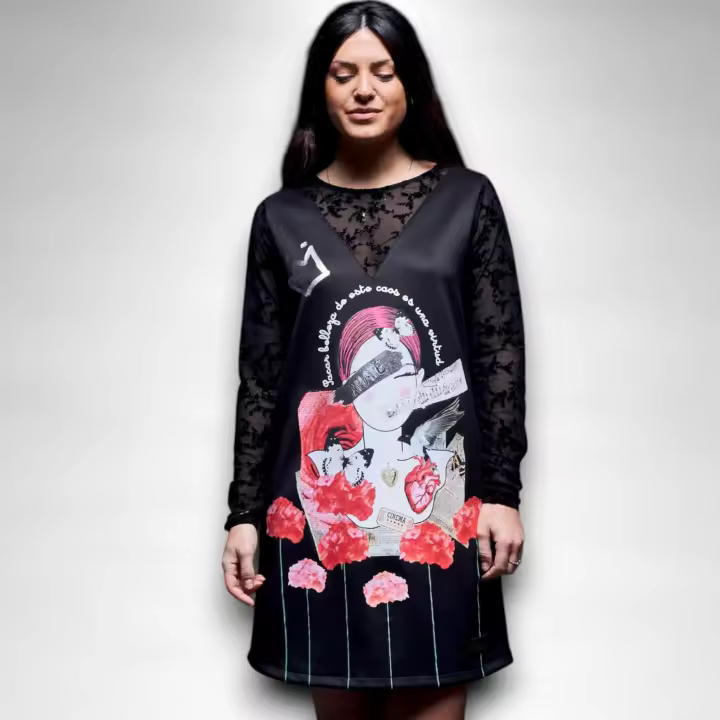 Vestido Caos Anabel Lee Mujer | Negro Evasé Tul Maxi Print Foil Plata | "Sacar Belleza de este Caos es una Virtud. Ámate" - 1