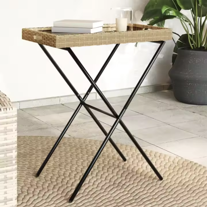 vidaXL Mesa con bandeja plegable ratán sintético beige 65x40x75 cm - 1