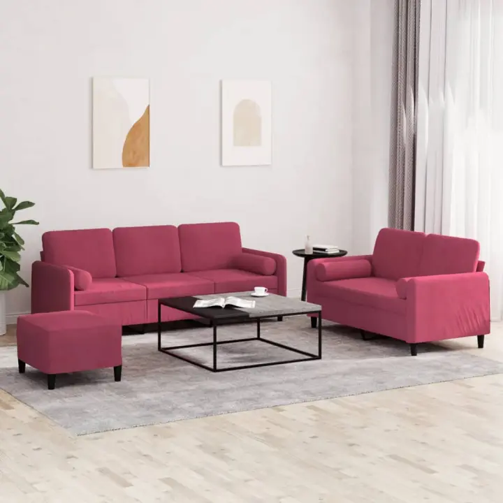 vidaXL Juego de sofás con cojines 3 piezas terciopelo rojo tinto - 1
