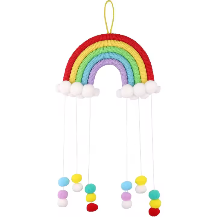 Arco Iris Tapiz Nubes Decoración para colgar en la pared Tejido a mano Macrame Tejido Fieltro Bolas Colgante de pared Arco Iris Macrame Adornos de pared para la decoración del dormitorio - 1