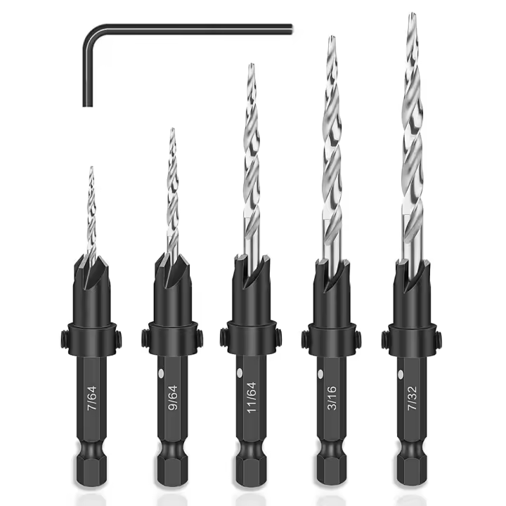Juego de 5 brocas avellanadoras de chaflán con vástago hexagonal de 1/4 de pulgada, brocas avellanadoras de madera HSS con llave pequeña, kit de brocas helicoidales cónicas de acero de alta velocidad para perforar y biselar - 1