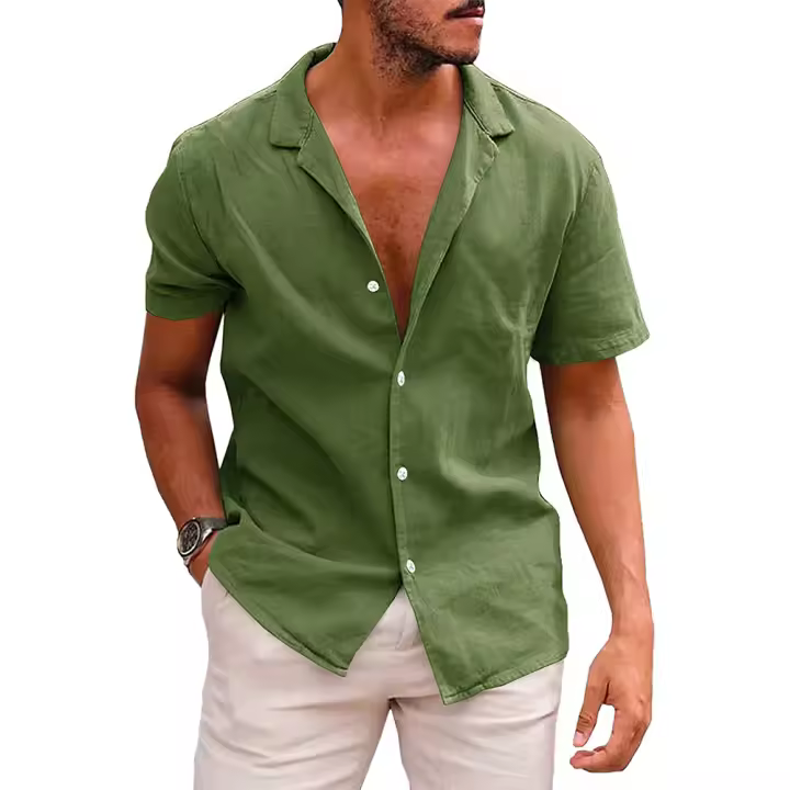 MOV-Camiseta de manga corta de lino de verano para hombre, talla grande, sudadera holgada, cárdigan con botones de color liso, camisa de algodón y lino para hombre - 1