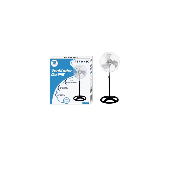 VENTILADOR DE PIE DE 18 PULGADAS. POTENCIA 70W. VOLTAJE: 220V, 50HZ. ALTURA AJUSTABLE. 3 AJUSTES DE VELOCIDAD. DIRECCIÓN AJUSTABLE 120º. 3 ASPAS DE ALUMINIO. BASE SÓLIDA Y DURADERA. - 1