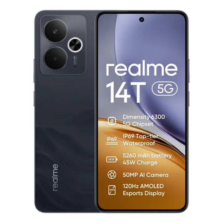 Teléfono - realme 14T 5G Smartphone 8GB+256GB, Batería de 6000mAh Carga de 45W, IP69 impermeable de primer nivel, MediaTek Dimensity 6300 5G, Cámara AI de 50MP, Pantalla Esports AMOLED 120Hz - 1