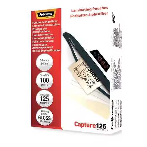 Fellowes pack de 100 fundas para plastificar tarjetas 54 x 86 mm brillo tamaño dni - 125 micras - alta calidad - transparente - 1