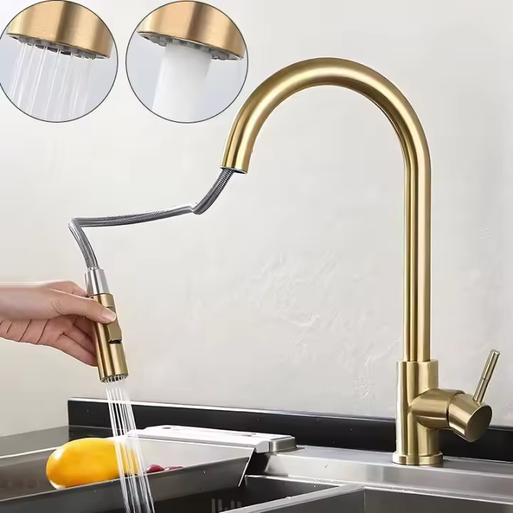 BIT Grifo de cocina dorado con rociador extraíble, grifo mezclador de cocina monomando moderno de acero inoxidable, oro cepillado - 1