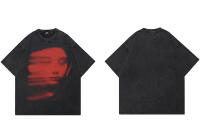 Camiseta Negra Washed Para Hombres 2024 Estilo Harajuku Streetwear Con Diseño Rojo Cara Vintage Coton Unisex Tops Hipster Y2K - details 5