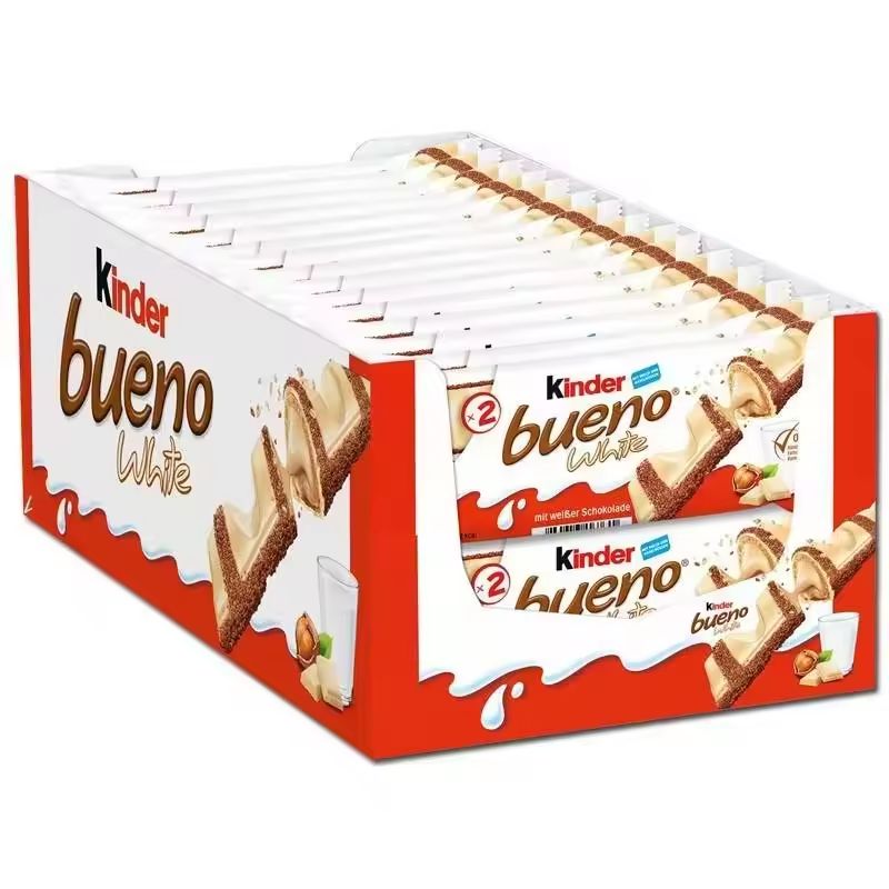 Kinder Bueno Chocolate con leche y crema de avellanas1caja de  30*43g,total 60 barras de chocolate Kinder Bueno White ,Caja de 30 unidades,60 Barritas de Chocolate Blanco