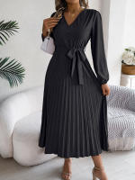 Vestido Elegante De Mujer Con Botones Y Cuello En V Manga Larga Plegado Con Cierre De Lazo Estilo Casual A-Line Para Primavera/Otoño - details 25