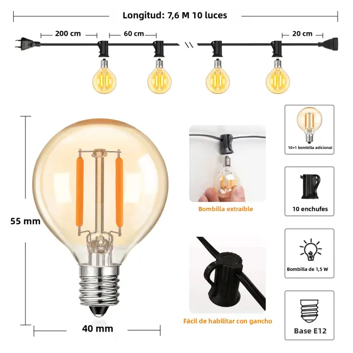 Luces De Cadena LED G40 Para Decoración Exterior Bombilla De Vidrio Amarillo 1.5W Dimmable Para Patio Fiesta Calle Jardín - 1