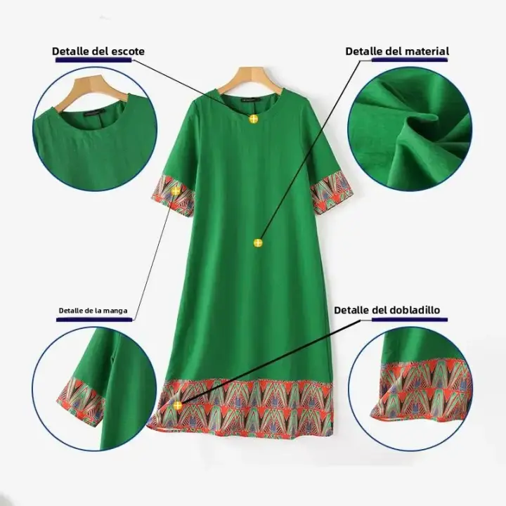 ZANZEA Vestido Midi Retro Para Mujer Estampado Y Costuras Moda Verano 2024 Cuello Redondo 3/4 Manga Vintage Vestido Casual De Vacaciones A-Line Midi - 1