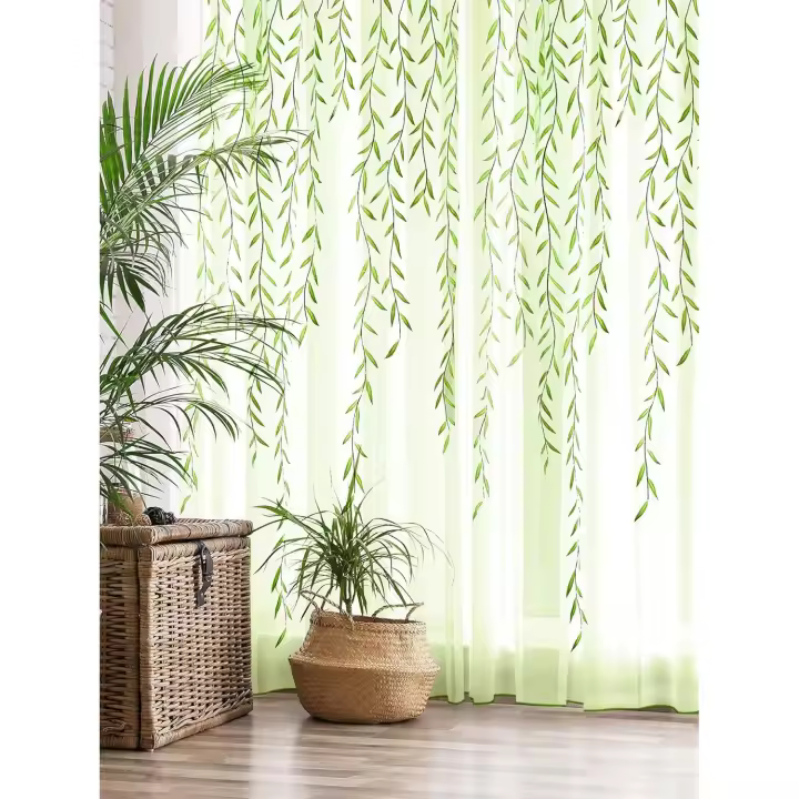 Cortinas de gasa de sauce, bonitas cortinas verdes transparentes de tul con hojas de enredadera, bonitas cortinas de hiedra para sala de estar, dormitorio, ventana, puerta y balcón. - 1