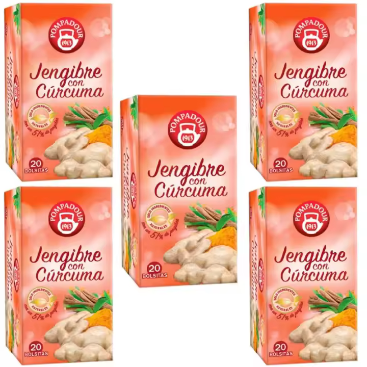 5 cajas de Jengibre con Cúrcuma, 20 infusiones de Pompadour 8412900706531 - 1