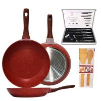 Set de 3 Sartenes 20/24/28cm con Revestimiento Antiadherente a la Piedra Aluminio forjado . Incluye set de cuchillos y set de utensilios de bambu los colores Gris y Rojo - details 0