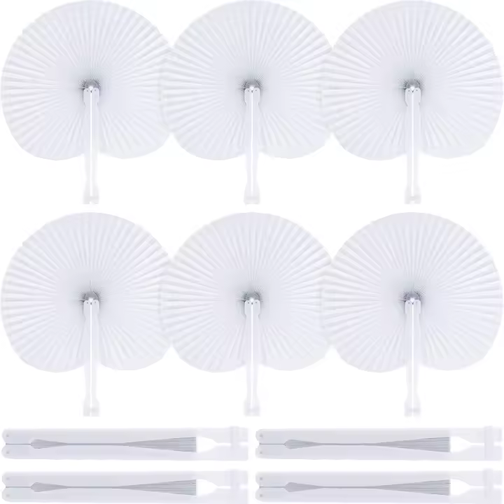 Paquete de 6 abanicos de papel plegable de mano con forma de Acordeón, redondo y Blancos, para Bodas, cumpleaños - 1