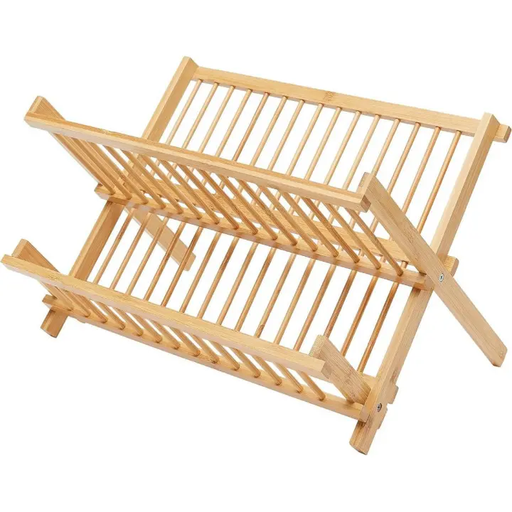 Escurreplatos de bambú, perfil redondo, plegable, 2 niveles - 1