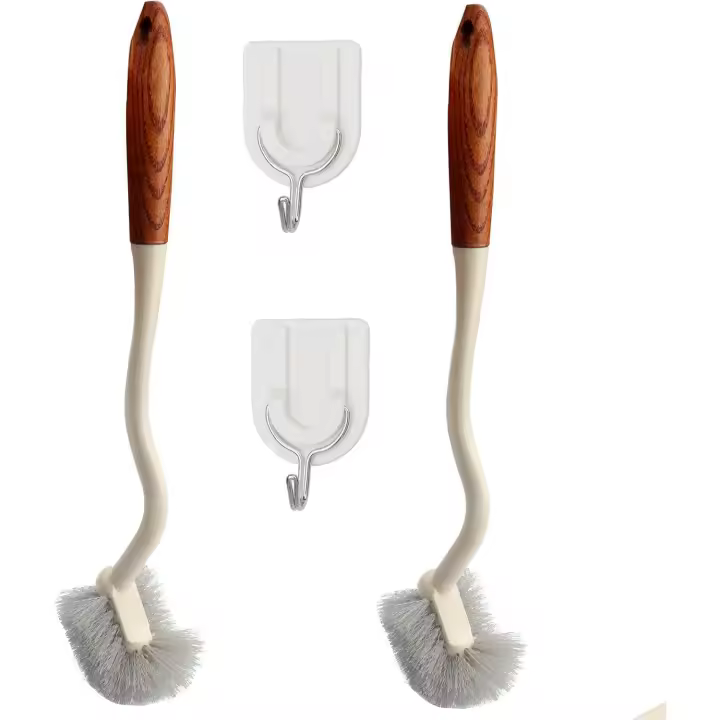 Cepillo de inodoro con mango largo y mango de madera, diseño curvo y ángulo recto, para limpieza profunda. - 1