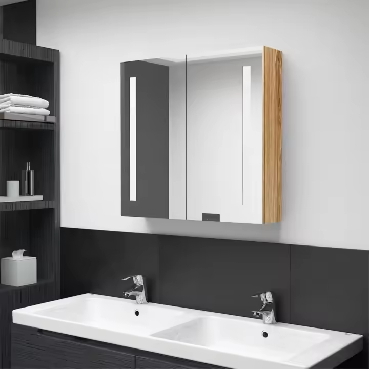 vidaXL Armario de baño con espejo y LED color 62x14x60 cm en color Roble/Gris/Negro brillo y más | almacenamiento funcional diseño moderno para baño dormitorio sala - 1