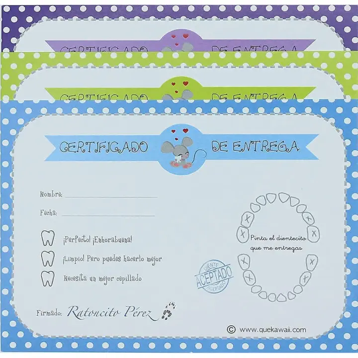 Qué Kawaii® 24 Certificados de colores caída dientes puerta Ratoncito Pérez. Recibo - 1