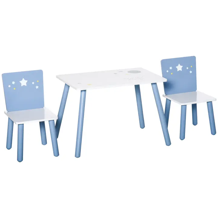 HOMCOM Juego de Mesa Infantil y 2 Sillas de Madera Mesa con Sillas para Niños de 2-4 Años Mesa 60x40x43 cm y Sillas 28x26x48 cm para Dormitorio Sala Blanco y Azul - 1