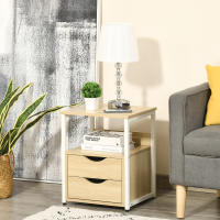 HOMCOM Mesa Auxiliar con 2 Cajones y Estantes de Almacenamiento Mesita de Noche con Marco de Metal para Salón Dormitorio 40x35x49 cm Natural - details 1